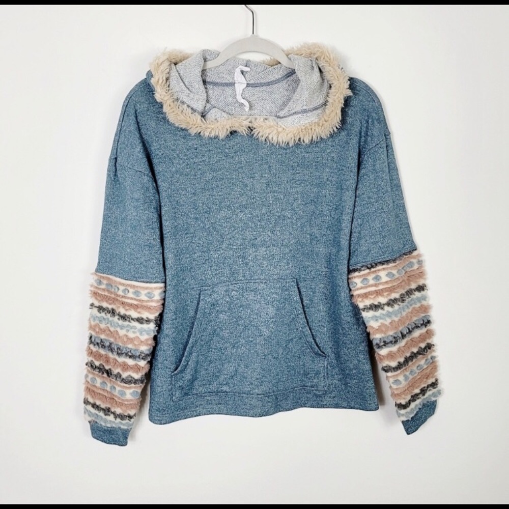 Amadi by Anthropologie fuzzy sleeved blue hoodie. Size XS. NWOT.